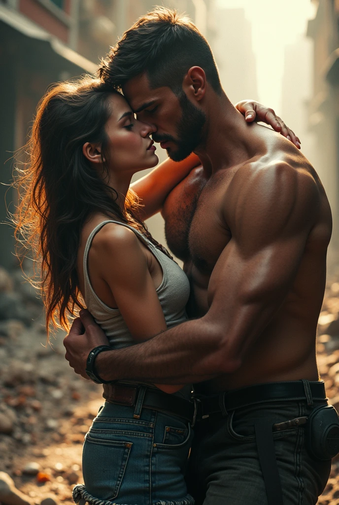 Handsome muscular shirtless cowboy hugging a very hot cowgirl who is wearing short denim shorts