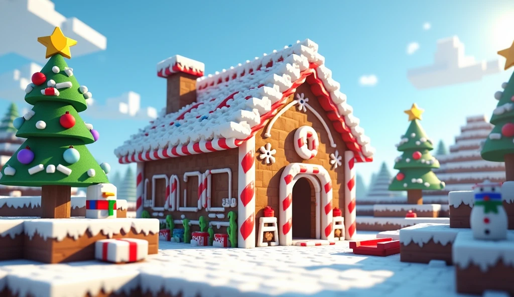 A Minecraft-style scene depicts a snowy, festive landscape with a large gingerbread house positioned prominently in the center of the image. The house is constructed from brown and off-white blocks with intricate candy-cane decorations. A Christmas tree stands nearby, adorned with pixelated decorations, and a small snowman is at its base. The ground is covered with snow interspersed with grassy blocks, and a red sled is situated near the house. The perspective is from ground level, focused on the gingerbread house and its surroundings. The sky is light blue, and the lighting suggests a bright, outdoor setting. The scene does not include any characters, ensuring the focus remains on the environment and structures