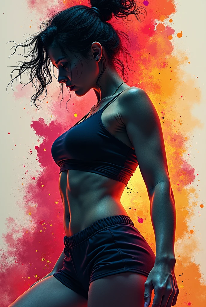 samdoesarts; award winning half body portrait of a beautiful woman in a croptop and cargo pants, paint splashes, hair in a bun, splatter, outrun, vaporware, digital art, trending on artstation, highly detailed, fine detail, intricate