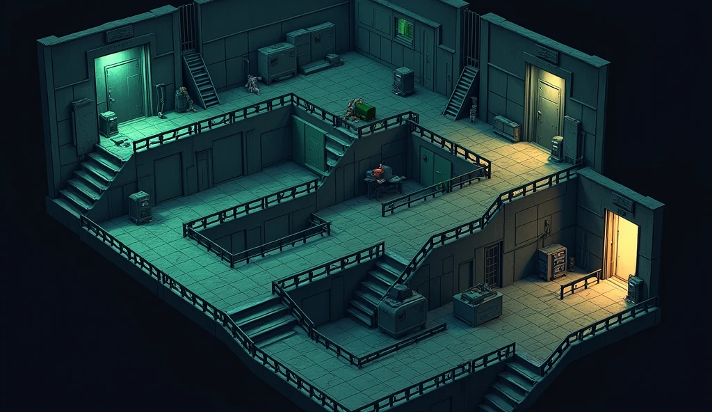 ### **Level Design:**
- **Dynamic Prison Layout:** The prison has a layered, multi-floor design with interconnected hallways, ventilation shafts, hidden passages, and multiple security zones. Each zone presents different challenges based on the thieves' abilities.
- **Puzzles & Obstacles:** Levels include a mix of puzzles that require using the right thief for the job—like moving heavy objects to reach vents, disarming traps to clear the way, or using heightened senses to navigate dangerous areas.
- **Guard Patrols:** Guards patrol specific routes but respond dynamically to player actions, such as reacting to noises, spotting disturbances, or investigating missing items.
- **Security Systems:** The prison is equipped with cameras, laser grids, pressure plates, and gas traps, all of which can be disabled or avoided using the thieves' abilities.
Generate an platform based side view game visual representations in the game pixel format