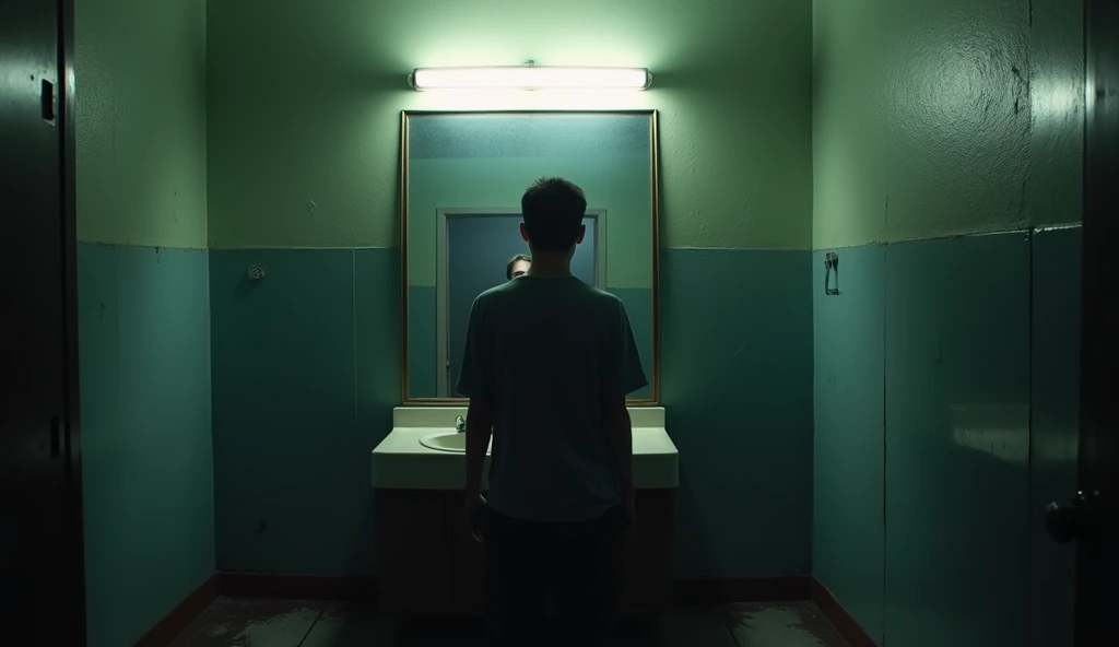A 22-year-old man taking a photo in front of the mirror in casual clothes in a low-quality dark room
