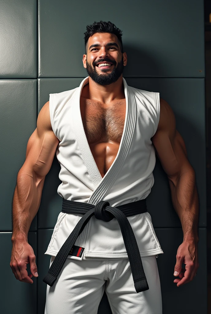 Shirtless and wearing white pants、A full-body frontal view of a 35-year-old Japanese physique athlete with a black belt, shaved head, moustache and bare chest leaning against a wall in a dimly lit dojo, with his hands down and glaring sternly at the front