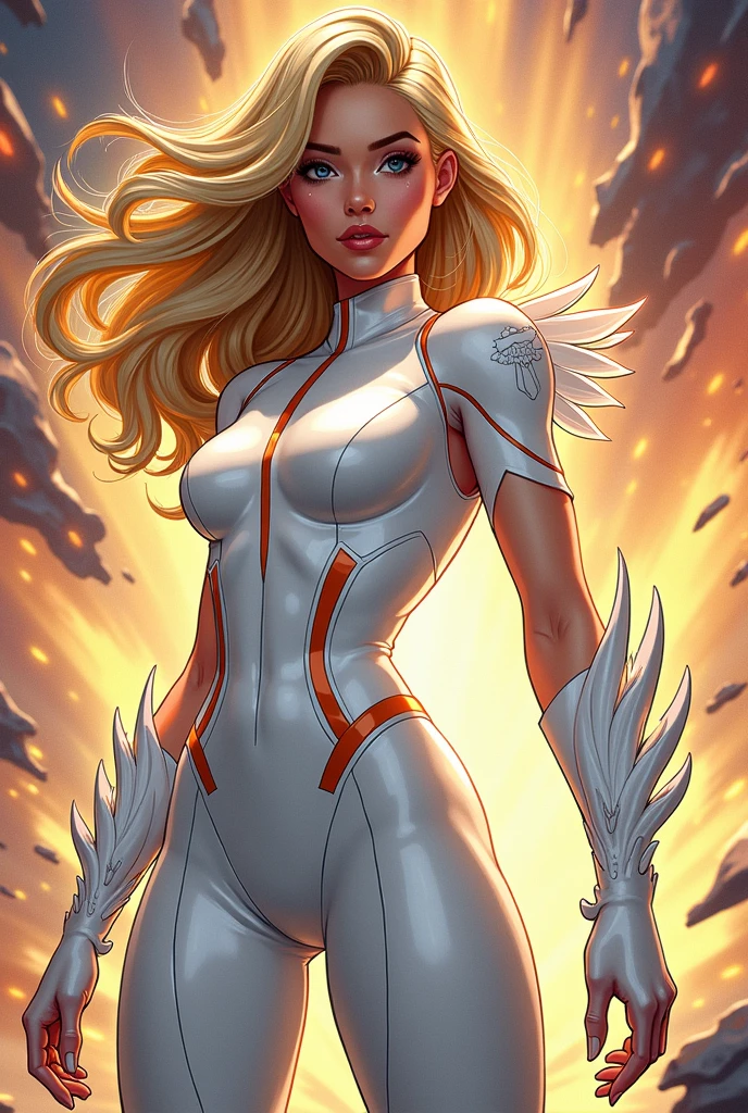 (best quality,8k:1.2,high resolution:1.2),ultra-detalhado,Realistic,retro science female,static pose,long hair,rosto extremamente detalhados,long eyelashes,white porcelain catsuit,Apertado,white pantyhose, light orange gloves,light orange Glossy metalic accessories,Physically-based rendering,foco nítido,studio lighting