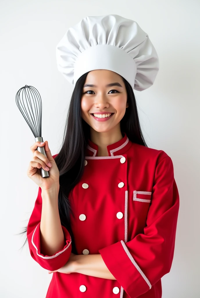 Create a smiling chef girl , realistic black hair holding a hand whisk and wearing a red chef's shirt and chef's hat on a white background