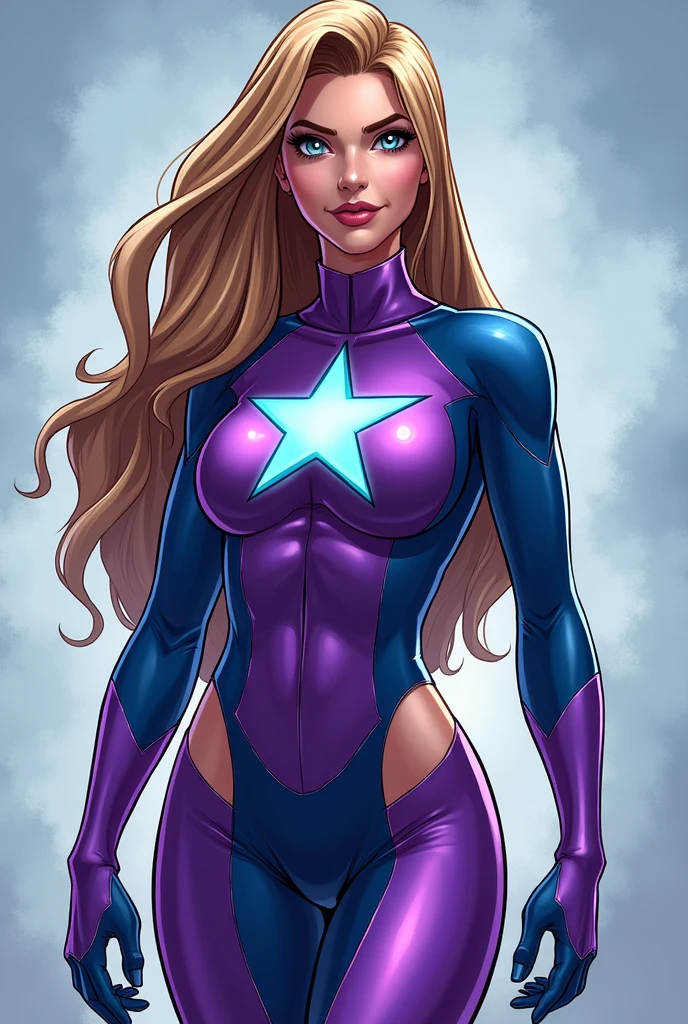 Best quality, comics caracter,super hero,woman,blonde hair,látex Leotard Gold and purple,tights