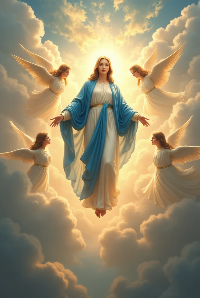 Realistic detailed image, RF 600 lens of Our Lady, white dress, blue and red cloak, simple star crown, no accessories, hands up, ascending to heaven, full body, angels around her, ascending to heaven, white background