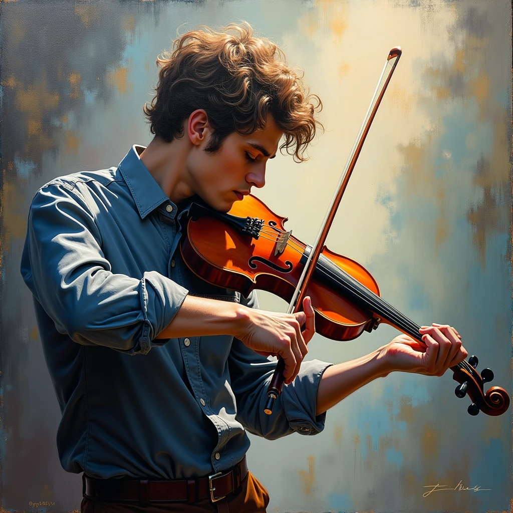 Ultra detailed illustration, ((oil painting a young man in Roberto Ferri style, fullcolor, Latino, slim toned fitness body, defined muscles, perfect anatomy, short black wavy hair, Roman nose, thin lips, square chin, diamond shaped face, barefoot, shirtless, wearing orange and green shorts, standing playing the violin) (black and white japanese traditional painting style background, you can see Senso-ji temple in japan ), evokes masculine beauty and art.