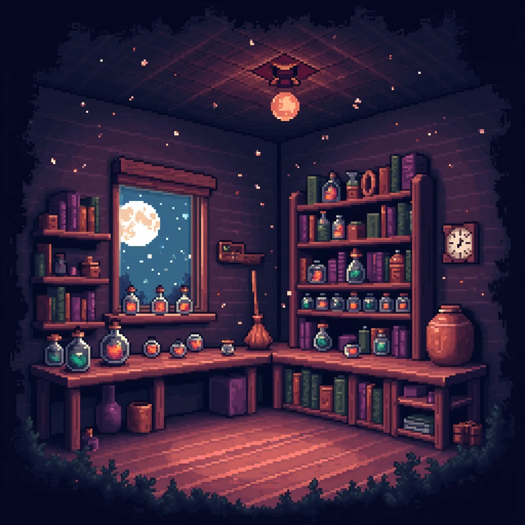 8 bits, #pixelart, abigail stardew valley, stardew valley, cozy and cute .  Slightly dark and purple lighting .  A magic witch's shop ,  Bookshelves ,  a window showing full moon , ceiling with fairy lights ,  a floating broom ,  different sized glass potion jars, fireflies flying.  Cozy dark and purple atmosphere . 