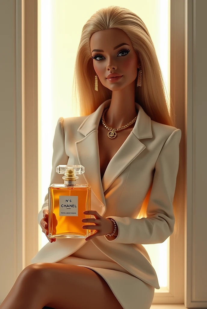 Create a blonde perfume saleswoman character in a perfume store called Janaina Perfumaria.
Add a store sign saying janaina perfumery