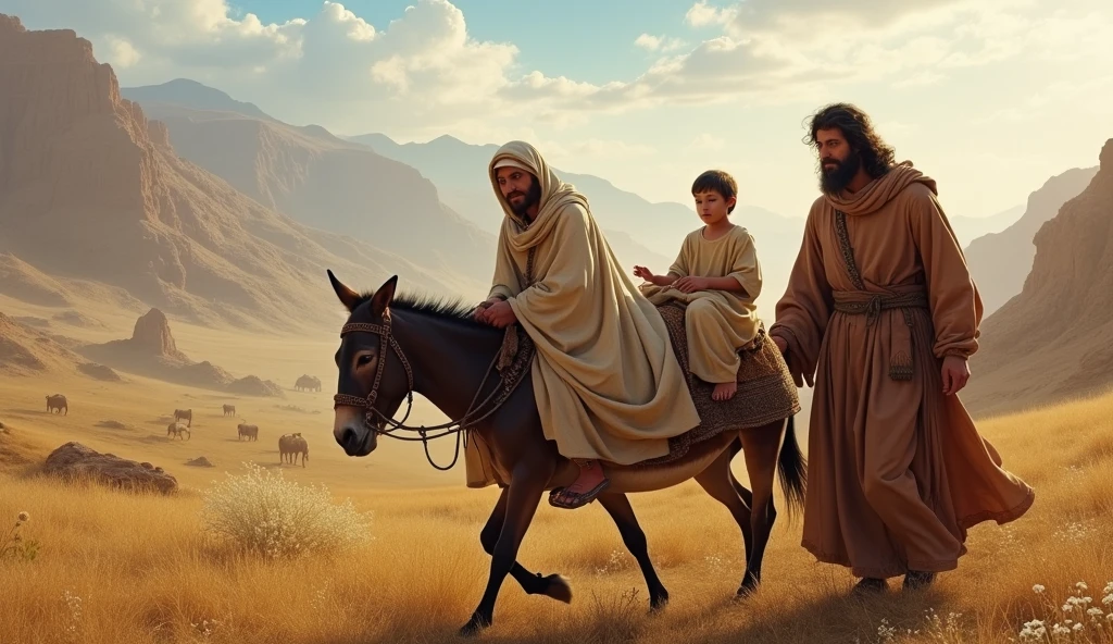 MOSES, his wife and 2 children riding a donkey through the desert. the image must be turned back