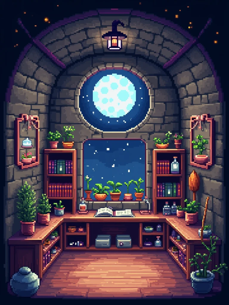 8 bits, #pixelart, abigail stardew valley, stardew valley, cozy and cute .  Slightly dark lighting /gray and purple .  A magic witch's shop ,  large bookcases with several books ,  potion jars of different colors and sizes ,  frames of cute plants , stone walls, ceiling with fairy lights ,  fireflies make up the screen ,  a large round window with a starry full moon . A witch's broom ,  cozy atmosphere with gray and purple lighting.  