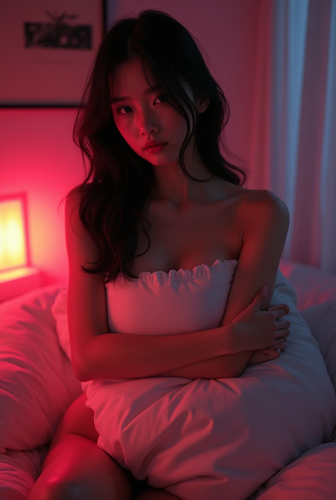 A naked Japanese girl sitting on a bed, hugging a big pillow with the words "SeaArt Infinito" written on the, with her enormous breasts her cleavage exposed, looking at the viewer, full body shot, movie lighting, glow, neon,