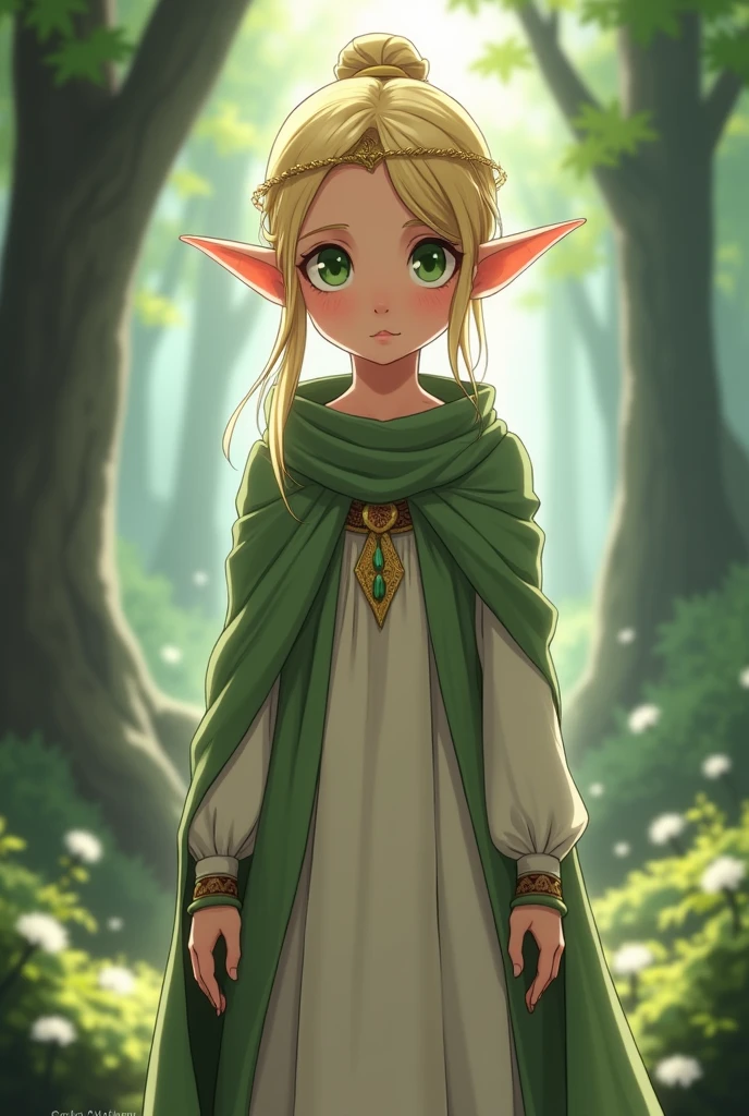 2.5d anime artstyle, A shy elf girl with blond hair and green eyes, hair tied in a small bun, with loose hair, wearing a long decorative shawl from her neck to knees, modest, loose, simplistic dress, long sleeved, covers all parts of body except face, long fingerless gloves. A high-necked dress, dress of white or light green color, wearing jewelery and thin tiara, View from front . No cleavage. forest, light source from behind.