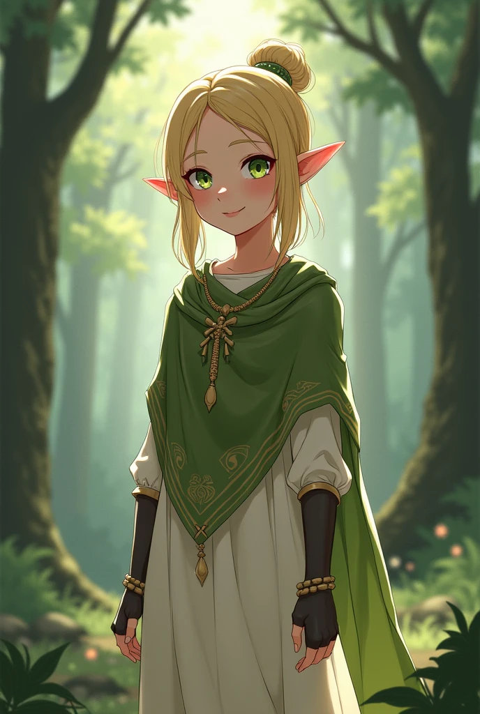 2.5d anime artstyle, A shy elf girl with blond hair and green eyes, hair tied in a small bun, with loose hair, wearing a long decorative shawl from her neck to knees, modest, loose, simplistic dress, long sleeved, covers all parts of body except face, long fingerless gloves. A high-necked dress, dress of white or light green color, wearing jewelery and thin tiara, View from front . No cleavage. forest, light source from behind.