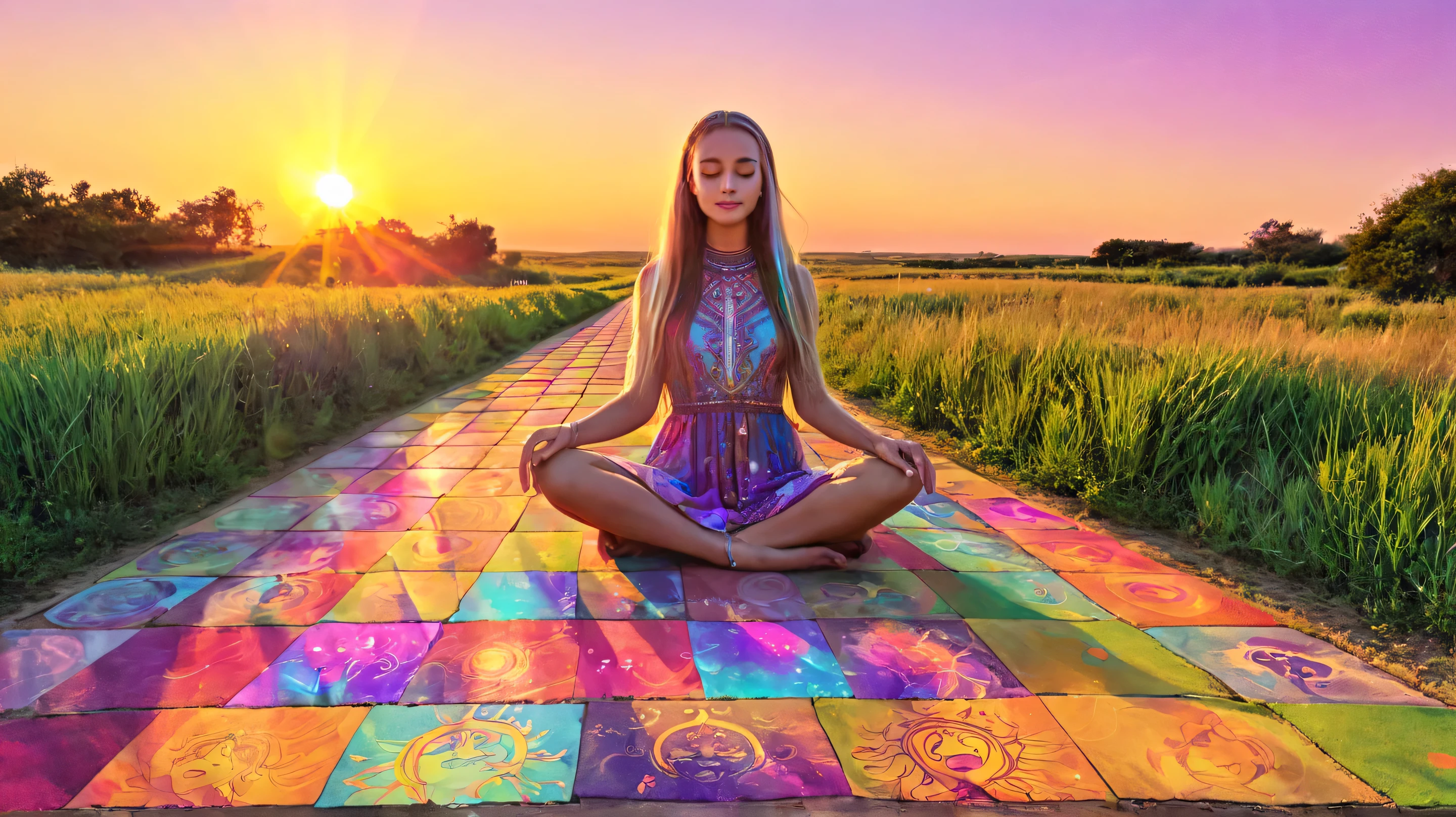 Various animals sitting calmly around a beautiful girl, her forehead shining with colors, meditating cross-legged on the ground on a path that stretches endlessly towards the sunset, where a purple sun sets