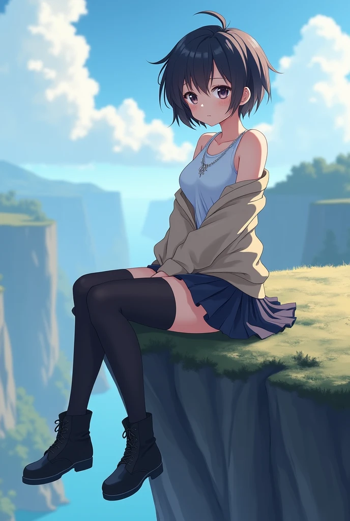 (master piece, Best Quality),1girl , outdoors, Beautiful, Gorgeous , masturbation from below , squatting,open legs,Spread legs,arms behind head ,large full breasts, cleavage, Perfect face, Expressive eyes, Blue detailed eyes, Short black hair,