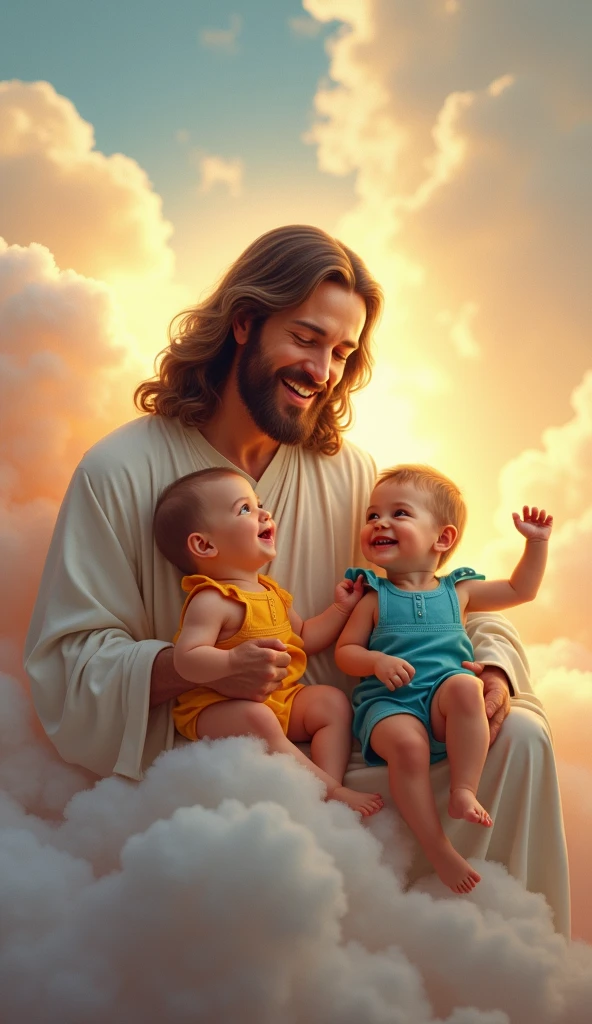 Jesus Christ with young blond girl on his lap, christian art, realistic high quality, highly detailed,(celestial bodies), painting, in the style of Greg Olsen heaven bless light background cross