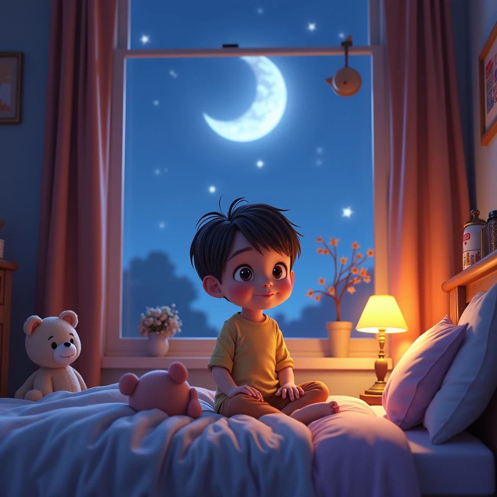Show a boy (child) sitting alone in his room, holding a small toy or book that reminds his friend. The room is dimly lit, with a hint of the moon’s light shining through the window. Make this a children's book art style. The lighting must be soft. Similar to a watercolor style painting.