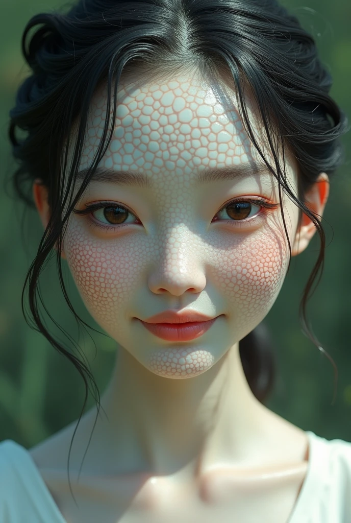 score_8 Up, Highest quality, sf, Beautiful Asian girl with snake skin, Completely ?????, Fantasy movies, Straight long brown hair, bangs, Cowboy Shot, Adorable, smile, Slim face, the body is slim, 32K, masterpiece, Best image quality,Ultra-high resolution,Black choker、Almond Eye、bangs、Very thick and long eyelashes, Big Breasts, Green snake-scaled skin, 、Snake-human hybrid creature