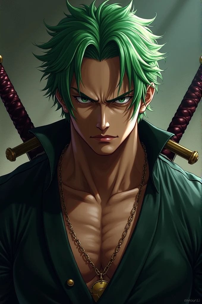 1boy, Vanostil, Roronoa Zoro, angry look, Katana, (one eye closed), scar on the eye, green hair. solo, whole body, (((masterpiece))), ((best quality)), (extremely detailed), depth of field, dark intense shadows, lighting, HDR, good composition, spectacular, black eyes, modern dark clothes,