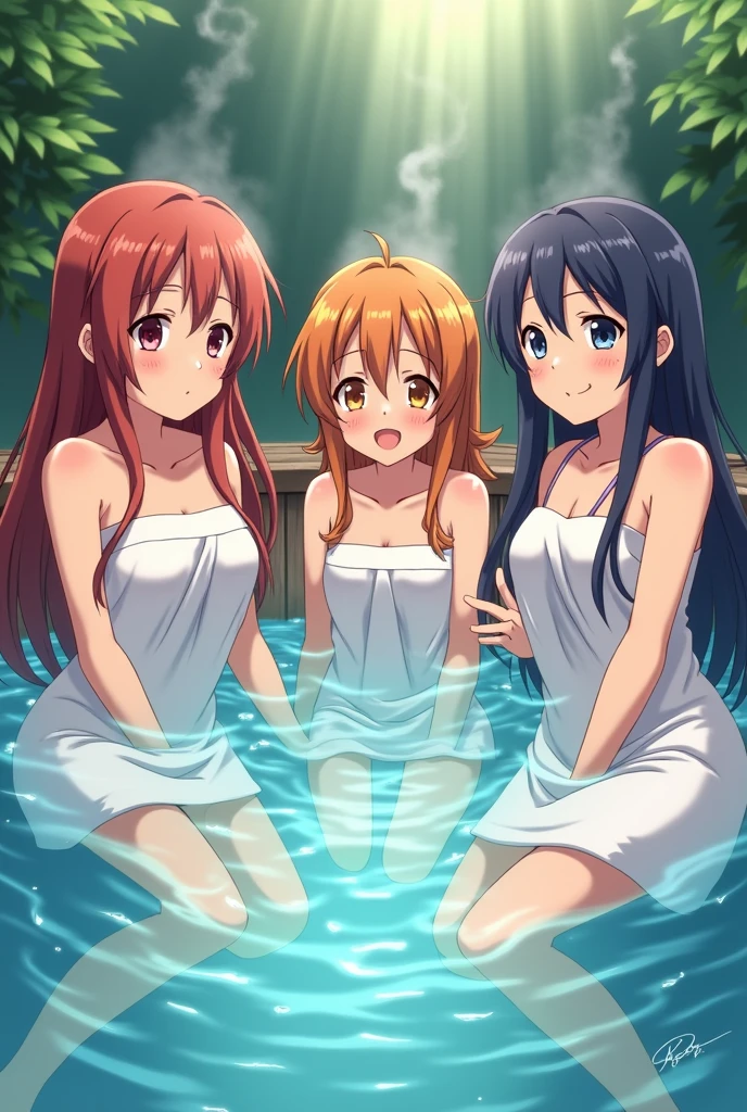 (anime cels style, Masterpiece, best quality, high resolution, anime colored, megami magazine:1.2, anime poster style, anime keyvisual, sharp, 8k, photorealistic), (beautiful eyes:1.5), reiko_aiwaifu, 1girl, blond hair, long hair, (sagging huge breast), (beautiful nude), bikini, cleavage, (upper body:1.3, sitting), (perfect detailed anatomy, perfect arms, perfect fingers, beautiful face, perfect body, shiny skin), onsen,