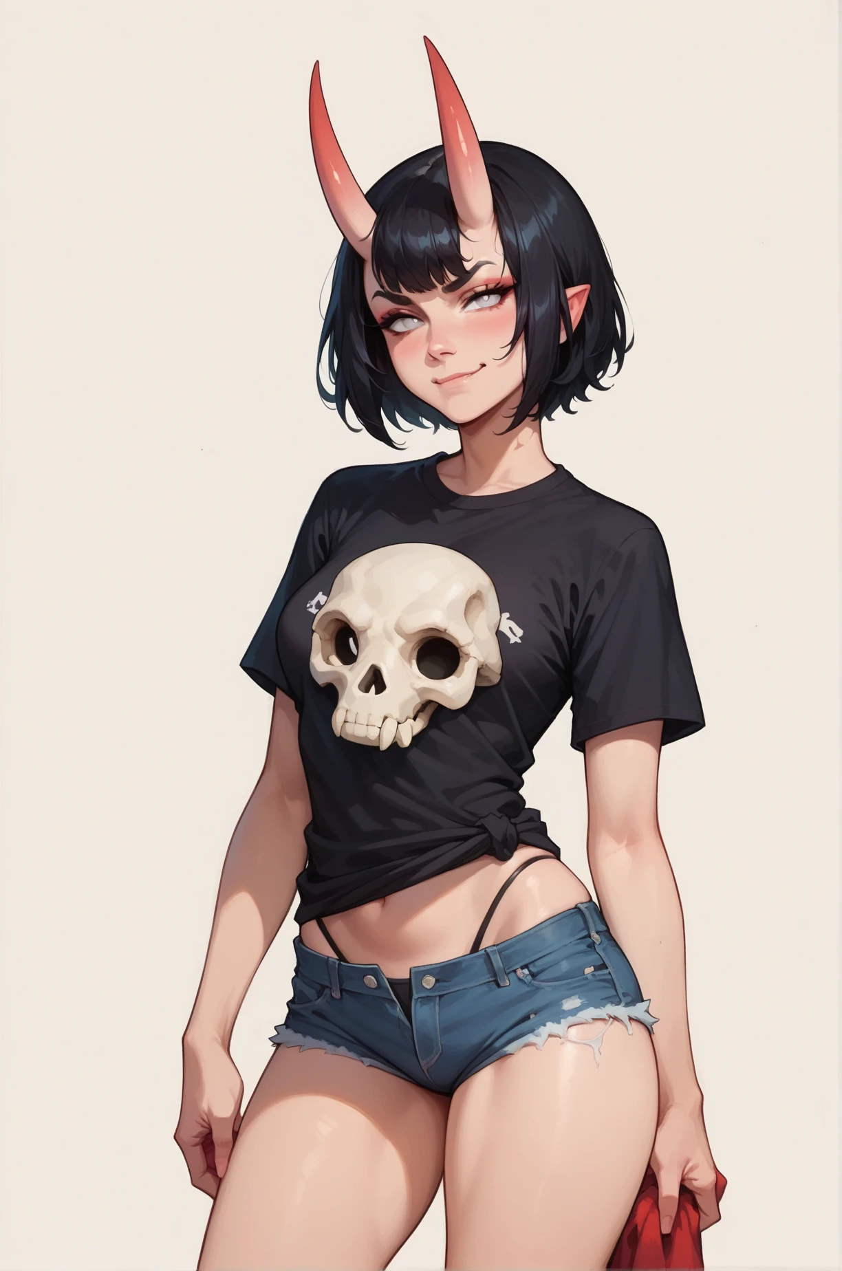 score_9, score_8_up, score_7_up, a Oni girl, cute face, white eyes, closed mouth, smirk, looking at viewer, black hair, short hair, denim shorts, thong strings, black crop t-shirt, t-shirt skull, medium breast, thighs, standing, simple background