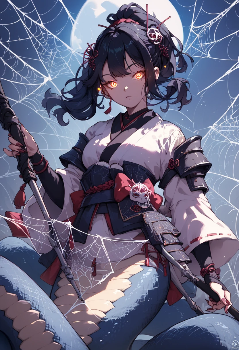 Lamia-style girl. cyber-inspired Japanese clothing. She is embroidered with spider webs. A large spider hangs behind her. Armor nails. Black hair. Glowing eye hair ornament. Scythe.