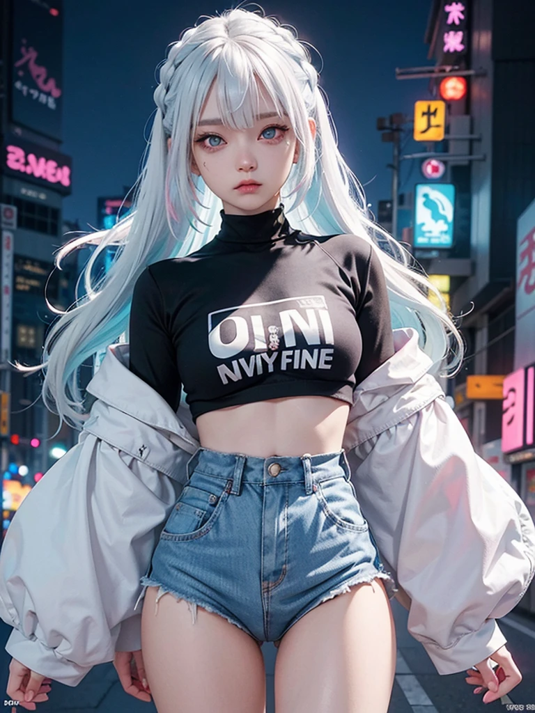 masterpiece, best quality, 4k, UHD, mishoujo, beautiful eyes and detailed face, illustration, beautiful detailed, high resolution illustration, glowing_white_particles, 1girl, white hair, light purple eye, hair over one eye, short side tail, baseball cap, expressionless, black denim shirt and denim mini skirt, morning cyberpunk city, standing by the window sill