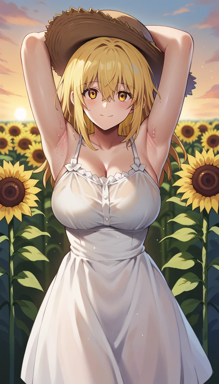 score_9, score_8_up, score_7_up, flower field, sunflower, sunflower field, sunset,
BREAK
source_anime,
BREAK
1girl, sundress, sunhat, blonde hair, large breasts, see-through silhouette, happy, hair between eyes,
arms up, armpits, light smile, 
 