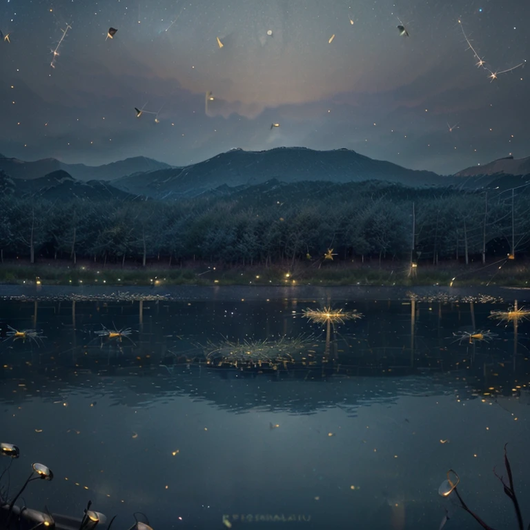 Pond in the evening:1.5, ((panoramic:1.4)), ((Beautiful night lake in the dark:1.5)), ((Fireflies flying around，Lighting up the lake:1.5)), (( extremely detailed:1.5)), The light of fireflies is reflected in the water:1.2, Idyllic, Dreamy, fantasy:1.3)), Dark environment soft moonlight reflected in the water, Ultra-realistic 8k, portrait, Highly detailed 32k digital art, Beautiful artwork digital art, ((Light blue, blue, brown: 1.2)), 8K Photorealistic Digital Art,  soft lighting , ((  very detailed: 1.4), (( masterpiece )), (  with exquisite details，Aesthetics: 1.3), (Reality: 1.4)