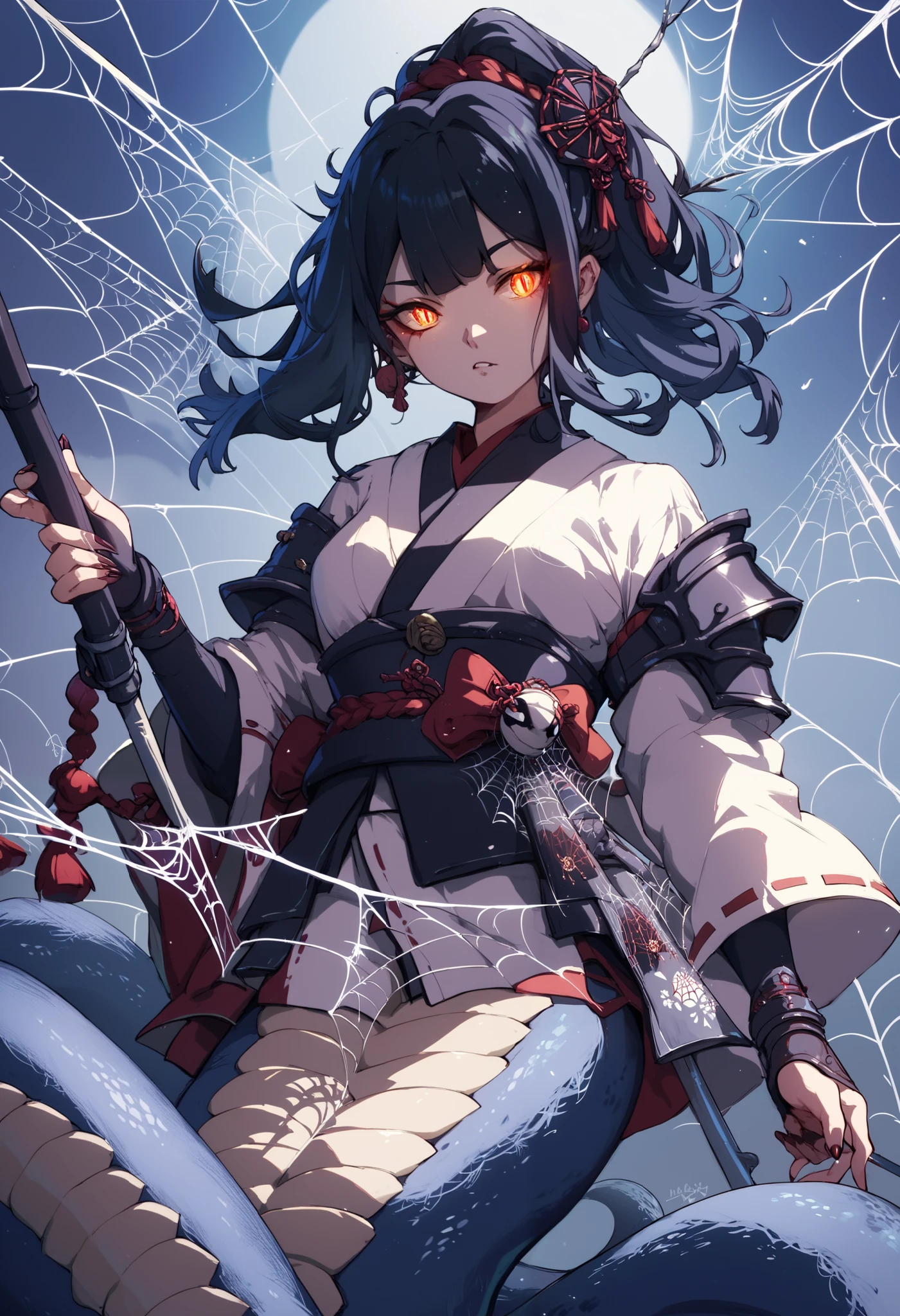 Lamia-style girl. cyber-inspired Japanese clothing. She is embroidered with spider webs. A large spider hangs behind her. Armor nails. Black hair. Glowing eye hair ornament. Scythe.