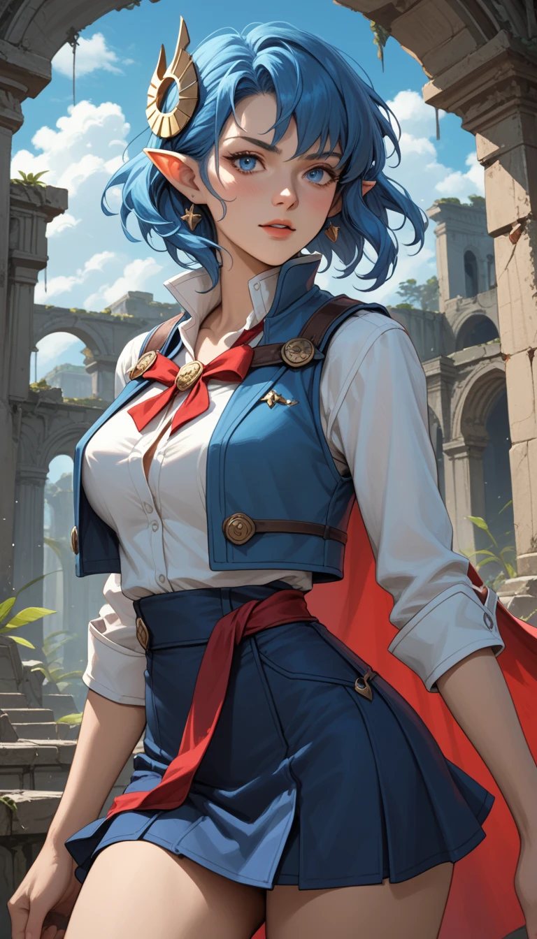 Score_9, score_8_up, score_7_up, anime, rating_safe, rena lanford, 1woman, slutty expression, blue hair, short hair, blue eyes, pointy ears, crescent hair ornament, red cape, blue vest, (no shirt under vest:1.37), erect nipples, (leather armor), red ribbon, waist ribbon, tight blue skirt, short skirt, micro miniskirt with high slit, cropped at knees, dynamic action poses, sci-fi ruins background