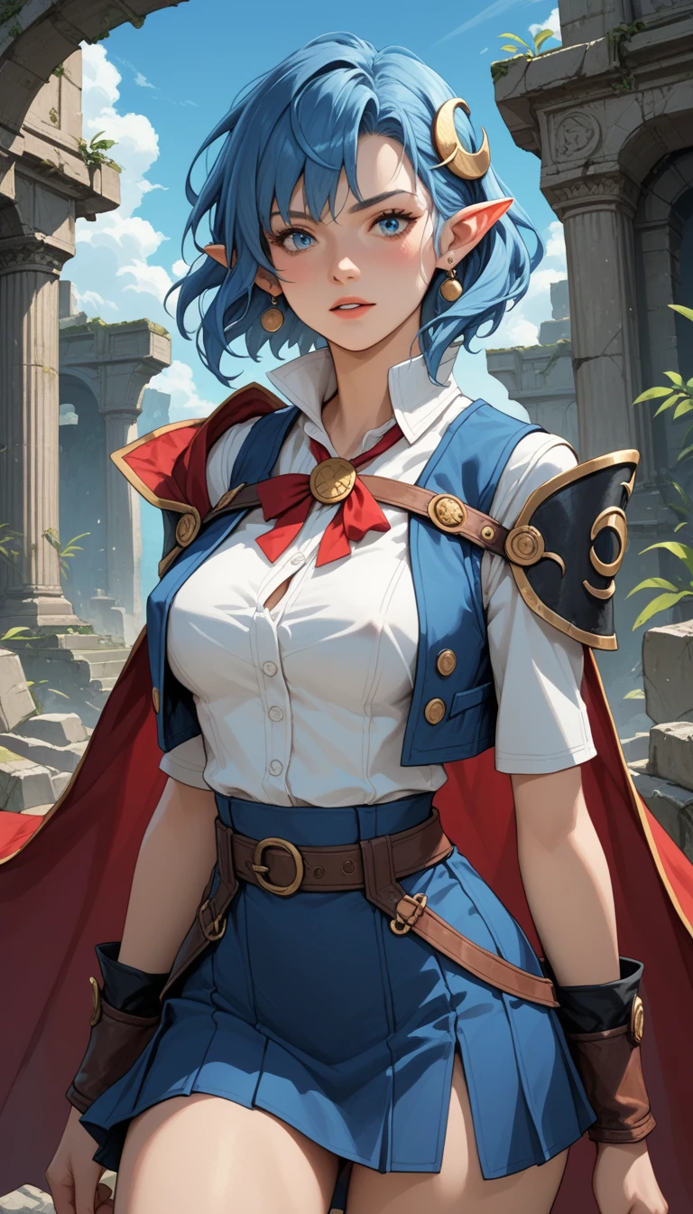 Score_9, score_8_up, score_7_up, anime, rating_safe, rena lanford, 1woman, slutty expression, blue hair, short hair, blue eyes, pointy ears, crescent hair ornament, red cape, blue vest, (no shirt under vest:1.37), erect nipples, (leather armor), red ribbon, waist ribbon, tight blue skirt, short skirt, micro miniskirt with high slit, cropped at knees, dynamic action poses, sci-fi ruins background