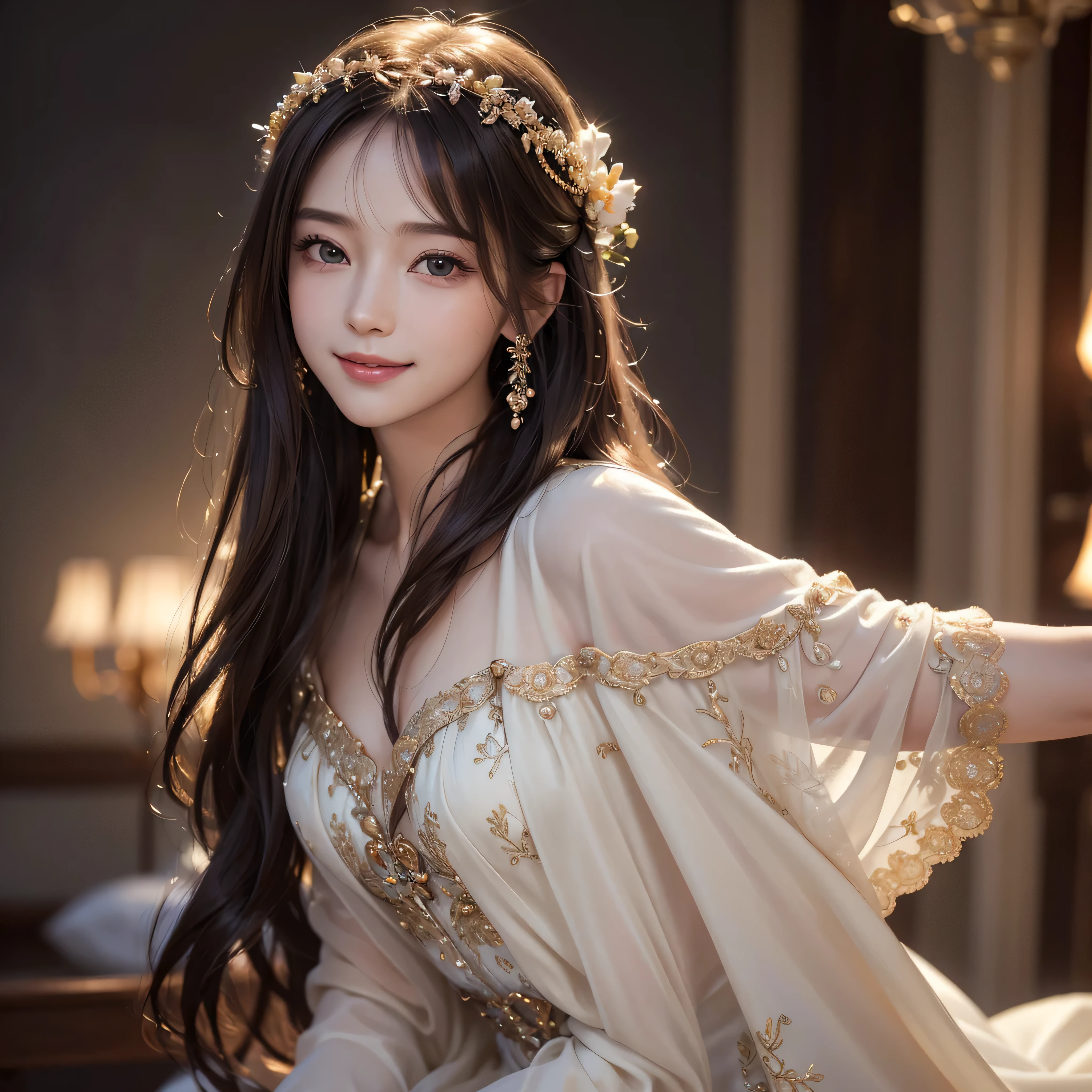 best smile , Long Flowing Hair 、beautiful、Shining Light、( top quality 、4K、8k、 high res、masterpiece:1.2)、 super detailed 、( real、 photorealistic、 photorealistic:1.37)、 Intricate Details、 gentle expression 、 Dreamy Vibes、 Warm Lights 、Shining Aura、Whimsical、Delicate features、 bright colors 、 Cinematic Lighting , Mysterious Powers 、