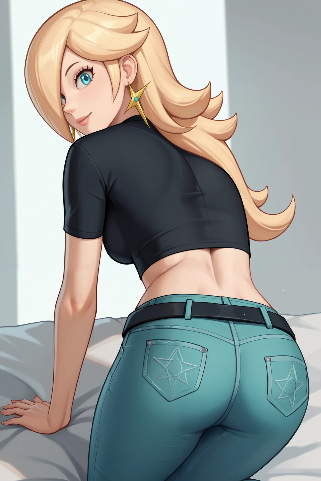 score_9, score_8_up, score_7_up, source_anime, rosalina, blonde hair, blue eyes, hair over one eye, long hair, star earrings, solo, cowboy shot, black t-shirt, taut clothes, tight shirt, midriff, navel, jeans, black belt, all fours, ass up, smile