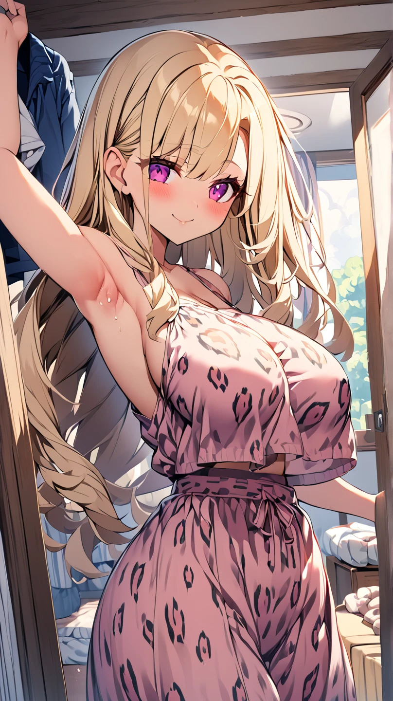  One girl 　 cute girl　 anime style　Anime Face　 anime style　Beauty　Big Breasts　magenta leopard print housewear 　Leopard print dress　I see a big ass　Armpit milk is visible　Blonde hair　 straight hair 　 long hair　 room at home with lots of clothes　Changing clothes　no nudity 　 no nudity