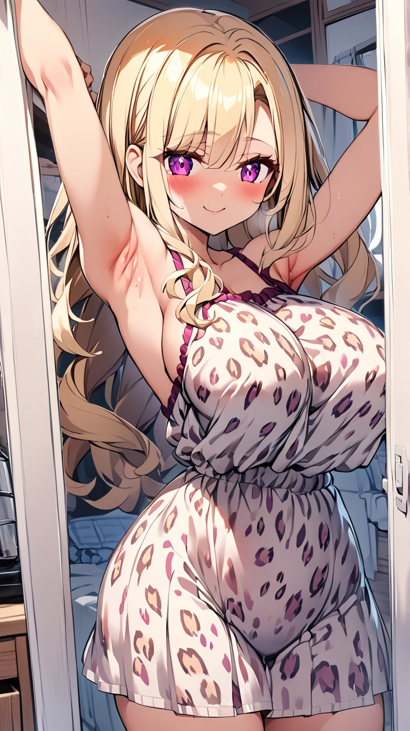  One girl 　 cute girl　 anime style　Anime Face　 anime style　Beauty　Big Breasts　magenta leopard print housewear 　Leopard print dress　I see a big ass　Armpit milk is visible　Blonde hair　 straight hair 　 long hair　 room at home with lots of clothes　Changing clothes　no nudity 　 no nudity