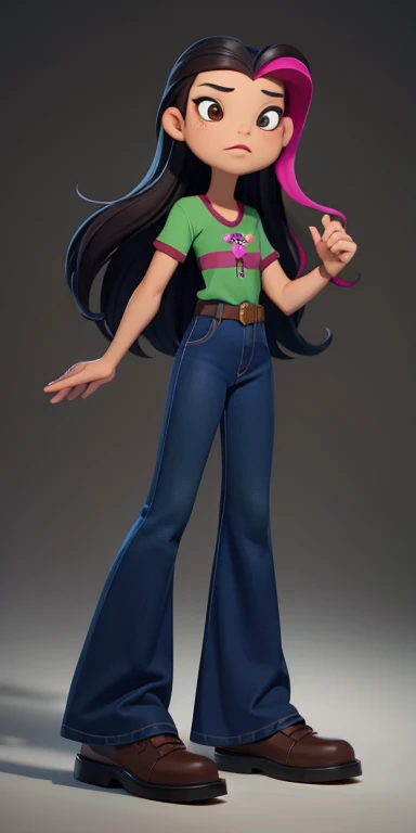 8k, high quality, masterpiece quality, good lighting, excellent coloring, masterpiece, best quality, Juniper lee, asian american, 1girl, perfect face, brown eyes, dark hair, long hair, dark hair with a pink stripe, green shirt with pink dragonfly, blue jeans(Wide flares on jeans:1.2), brown shoes, perfect anatomy, perfect eyes, high-quality eyes,
