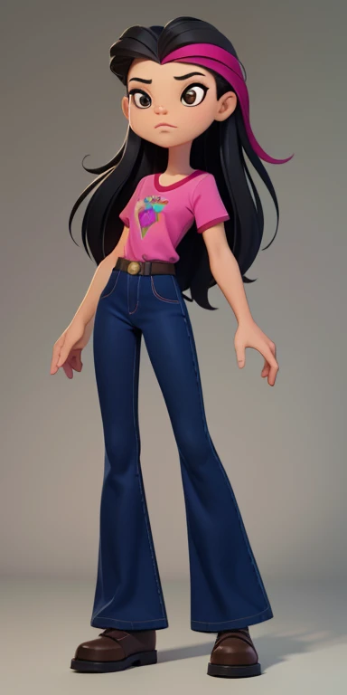 8k, high quality, masterpiece quality, good lighting, excellent coloring, masterpiece, best quality, Juniper lee, asian american, 1girl, perfect face, brown eyes, dark hair, long hair, dark hair with a pink stripe, green shirt with pink dragonfly, blue jeans(Wide flares on jeans:1.2), brown shoes, perfect anatomy, perfect eyes, high-quality eyes,
