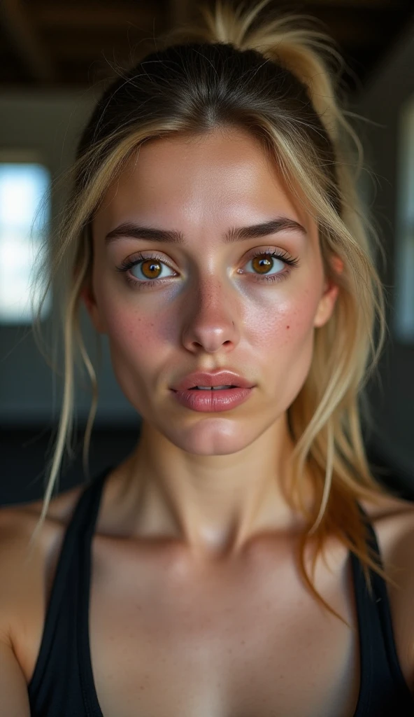 photorealistic  20-year-old girl with brown shiny eyes, her distressed expression contrasting with her fit physique. A subdued background creates depth, with soft bokeh effect gently surrounding her long blonde ponytail and freckled cheeks. Close-up portrait photography, captured with a Canon EOS R5, 50mm f/1.2 lens, using natural light, highlighting rich texture and emotional depth in clear focus