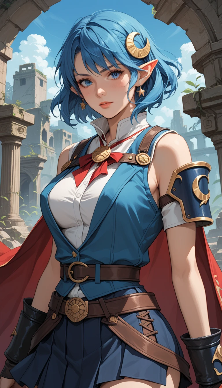 Score_9, score_8_up, score_7_up, anime, rating_safe, rena lanford, 1woman, slutty expression, blue hair, short hair, blue eyes, pointy ears, crescent hair ornament, red cape, blue vest, (shirtless under vest:1.37), erect nipples, (leather armor), red ribbon, waist ribbon, tight blue skirt, short skirt, micro miniskirt with high slit, cropped at knees, dynamic action poses, sci-fi ruins background