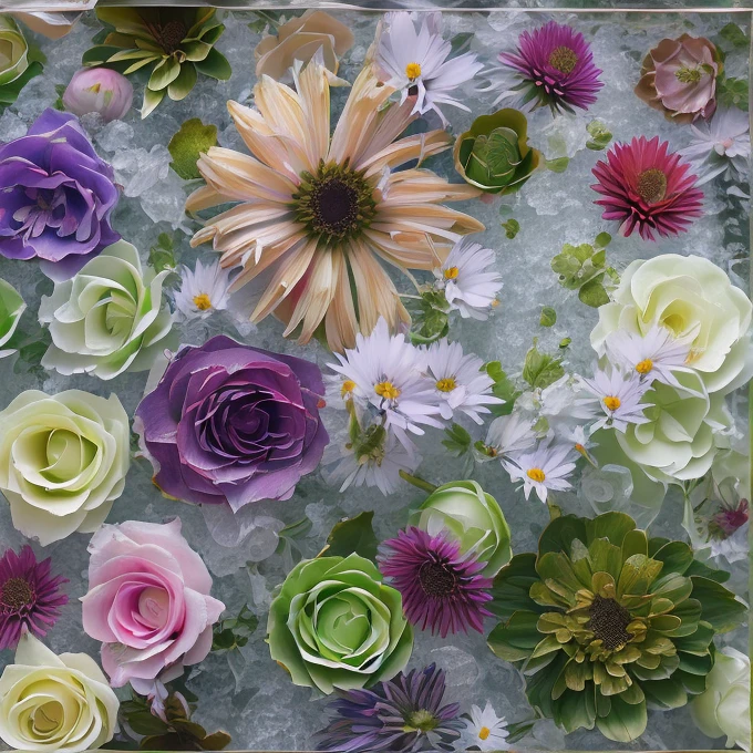 masterpiece, best quality, 8k, professional , by famous artist , trending on artstation, intricated details, detailed,   realsitic, boekh , photorealistic,  dark shadows, natural light, dramatic,  source realistic, Frozen flowers: Fill a container with water and freeze it with flowers inside to create a stunning icy landscape. Use food coloring to add a splash of color.