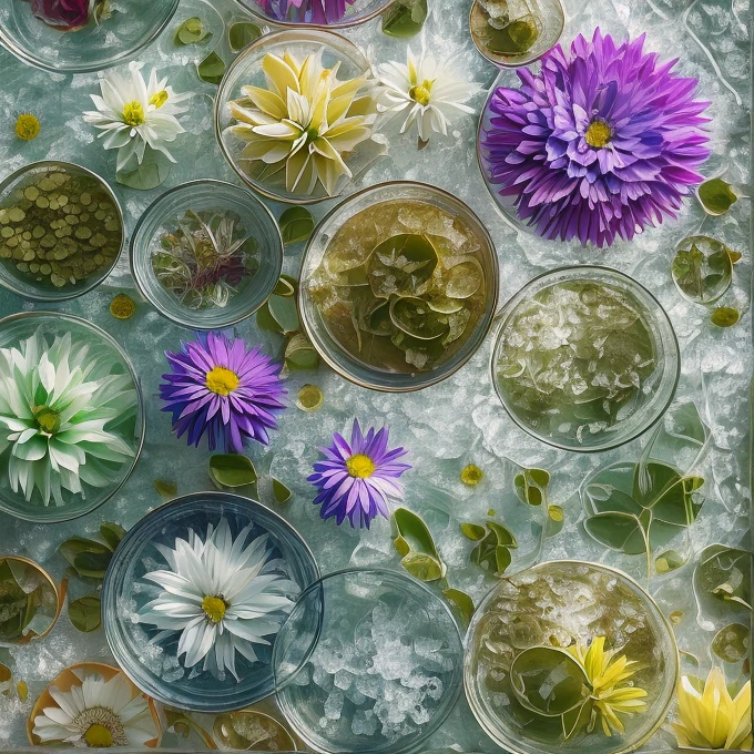 masterpiece, best quality, 8k, professional , by famous artist , trending on artstation, intricated details, detailed,   realsitic, boekh , photorealistic,  dark shadows, natural light, dramatic,  source realistic, Frozen flowers: Fill a container with water and freeze it with flowers inside to create a stunning icy landscape. Use food coloring to add a splash of color.