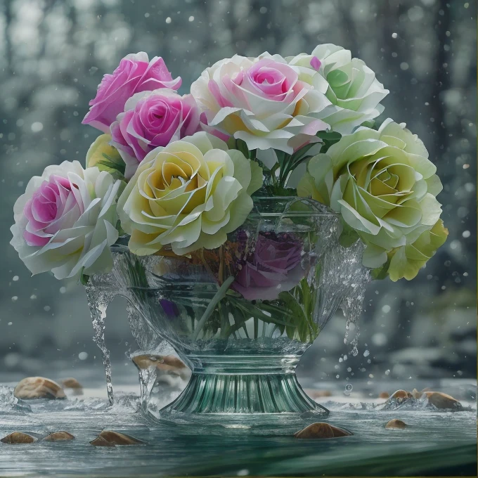 masterpiece, best quality, 8k, professional , by famous artist , trending on artstation, intricated details, detailed,   realsitic, boekh , photorealistic,  dark shadows, natural light, dramatic,  source realistic, Frozen flowers: Fill a container with water and freeze it with flowers inside to create a stunning icy landscape. Use food coloring to add a splash of color.