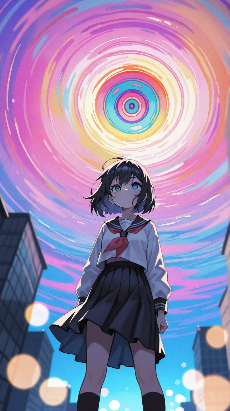 watercolor style, anime girl looking at a collapsing psychedelic world, "depth field", "bokeh", anime style, atmospheric perspective, ultra high resolution, retina, masterpiece, accurate, anatomically correct, super detailed , high detail, high quality, top quality, high resolution, 1080P, 16k