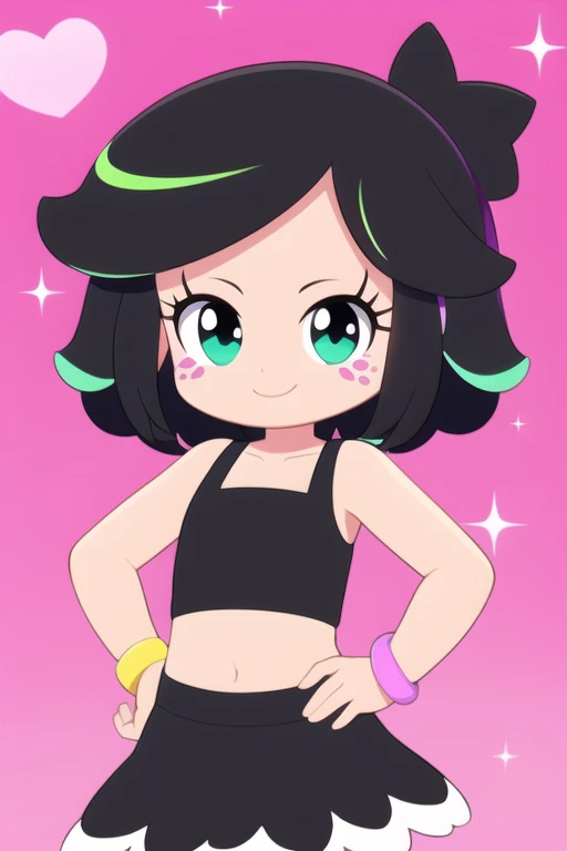 (masterpiece), 1girl, solo, hanazuki, black hair, highlights, pink nose, freckles, bracelet, black crop-top, black skirt, trimmings, pink background, heart, sparkles, bubbles, pastel colors, pastel bubbles, one hand on hip, joyful, happy, smile, cute smile,