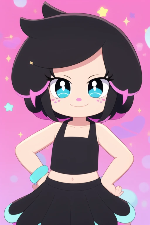 (masterpiece), 1girl, solo, hanazuki, black hair, highlights, pink nose, freckles, bracelet, black crop-top, black skirt, trimmings, pink background, heart, sparkles, bubbles, pastel colors, pastel bubbles, one hand on hip, joyful, happy, smile, cute smile,