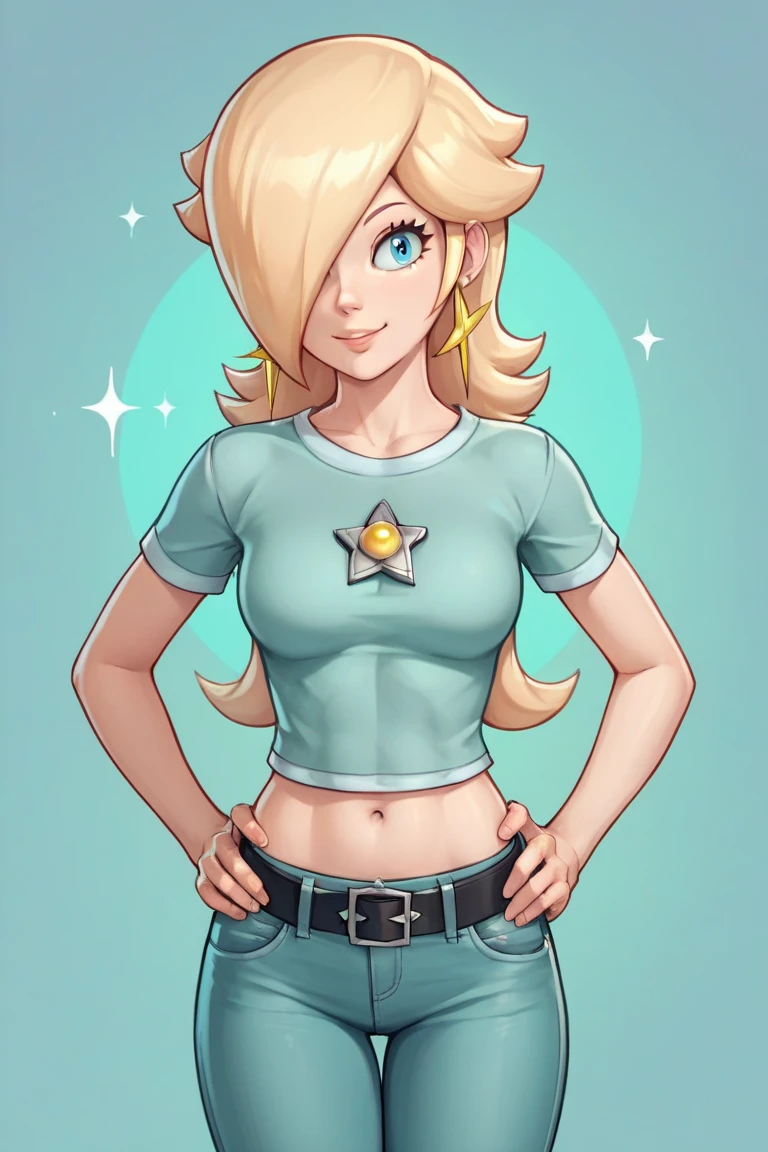 score_9, score_8_up, score_7_up, source_anime, rosalina, blonde hair, blue eyes, hair over one eye, long hair, star earrings, solo, cowboy shot, black t-shirt, taut clothes, tight shirt, midriff, navel, jeans, black belt, hands on hips, smile