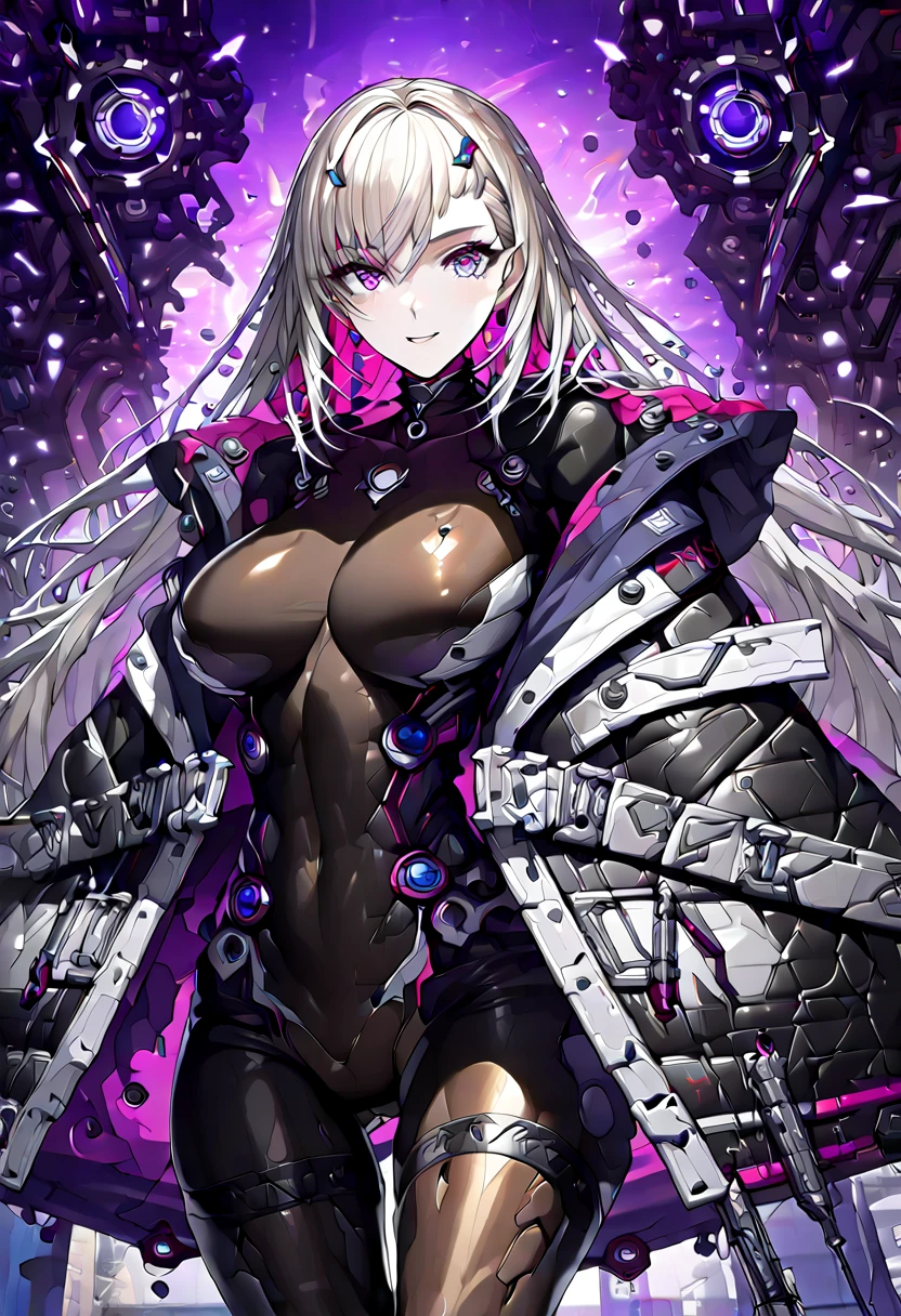 alterform, grey hair, purple eyes, large breasts, absurdres, by famous artist, exquisite, (((cowboy shot))), hood, jacket, body suit, black clothes, black wear, weapon,(((purple eyes))), masterpiece, super fine illustration, ultra high res, masterwork, best quality, cg unity 8k wallpaper, official art, ultra detailed, finely quality eyes, (((accurate face parts))), (((perfect face))), ((((((perfect eyes)))))), ultra detailed beautiful face, ultra detailed beautiful eyes, (((clear eyes, light eyes))), ((((((even eyes, symmetrical eyes)))))), (((breasts))), gleaming skin, oil skin, shiny skin, (((black pantyhose, black tights))), beautiful and aesthetic, High quality, extremely detailed, extremely detailed cg unity 8k wallpaper, super detailed skin, hdr, highers, extremely detailed beautiful face,　16k, finely detail, Amazing, top quality, distinct image, vibrant details, professional art, finely detailed face, a face of perfect proportion, high detailed face, beautiful, extremely detailed beautiful girl, ultra detailed beautiful girls, absolutely resolution, illustration, increase cinematic lighting quality, exquisite detail, hyper detailed, high detail, (((shiny eyes))), (((beautiful eyes))), (((detailed eyes))), (((beautiful face))), (((detailed face))), 1girl, solo,　Smooth and Flawless Skin, Well-Defined Facial Features, Perfectly Proportioned Face, Fine Details Texture, Graceful and Symmetrical Features, Radiant and Healthy Glow, Expressive and Captivating Eyes, long shot, wide shot, hide arms, (((open jacket))), (((open collar))), bodystocking,