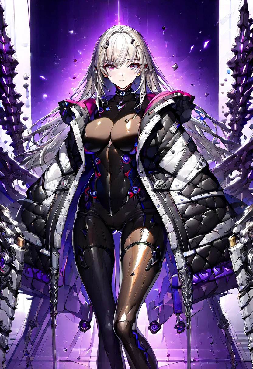 alterform, grey hair, purple eyes, large breasts, absurdres, by famous artist, exquisite, (((cowboy shot))), hood, jacket, body suit, black clothes, black wear, weapon,(((purple eyes))), masterpiece, super fine illustration, ultra high res, masterwork, best quality, cg unity 8k wallpaper, official art, ultra detailed, finely quality eyes, (((accurate face parts))), (((perfect face))), ((((((perfect eyes)))))), ultra detailed beautiful face, ultra detailed beautiful eyes, (((clear eyes, light eyes))), ((((((even eyes, symmetrical eyes)))))), (((breasts))), gleaming skin, oil skin, shiny skin, (((black pantyhose, black tights))), beautiful and aesthetic, High quality, extremely detailed, extremely detailed cg unity 8k wallpaper, super detailed skin, hdr, highers, extremely detailed beautiful face,　16k, finely detail, Amazing, top quality, distinct image, vibrant details, professional art, finely detailed face, a face of perfect proportion, high detailed face, beautiful, extremely detailed beautiful girl, ultra detailed beautiful girls, absolutely resolution, illustration, increase cinematic lighting quality, exquisite detail, hyper detailed, high detail, (((shiny eyes))), (((beautiful eyes))), (((detailed eyes))), (((beautiful face))), (((detailed face))), 1girl, solo,　Smooth and Flawless Skin, Well-Defined Facial Features, Perfectly Proportioned Face, Fine Details Texture, Graceful and Symmetrical Features, Radiant and Healthy Glow, Expressive and Captivating Eyes, long shot, wide shot, hide arms, (((open jacket))), (((open collar))), bodystocking,